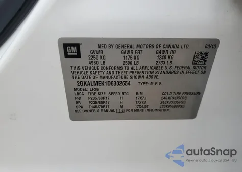 2013 GMC Terrain Sle z USA, uszkodzony, nr VIN 2GKALMEK1D6302654